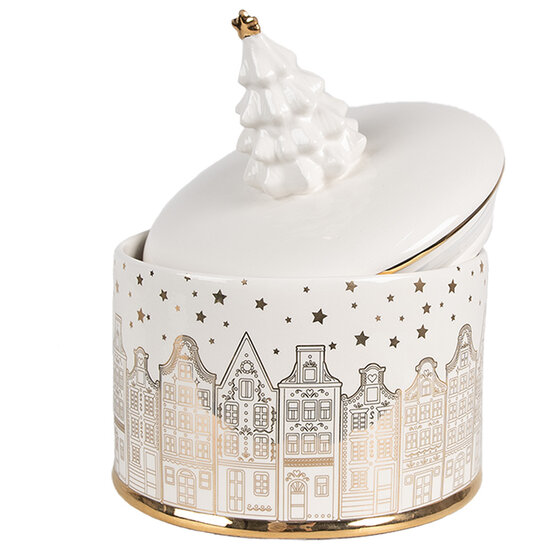 Clayre & Eef | Voorraadpot met deksel Wit Goudkleurig ø 15x19 cm | 6CE1736