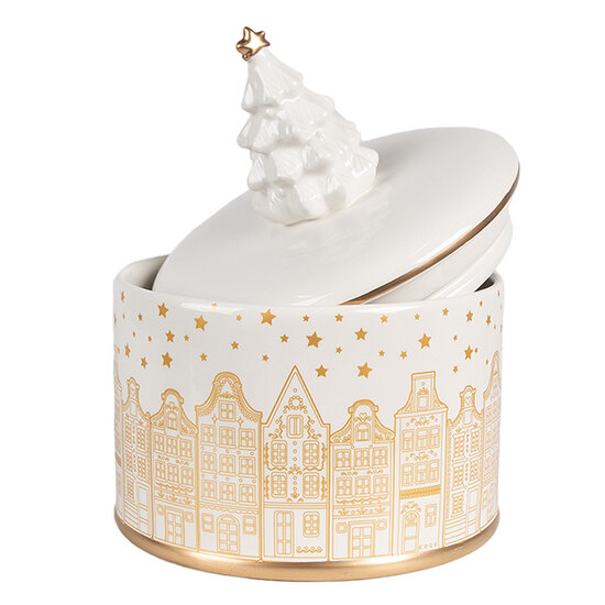 Clayre & Eef | Voorraadpot met deksel Wit Goudkleurig ø 15x19 cm | 6CE1737