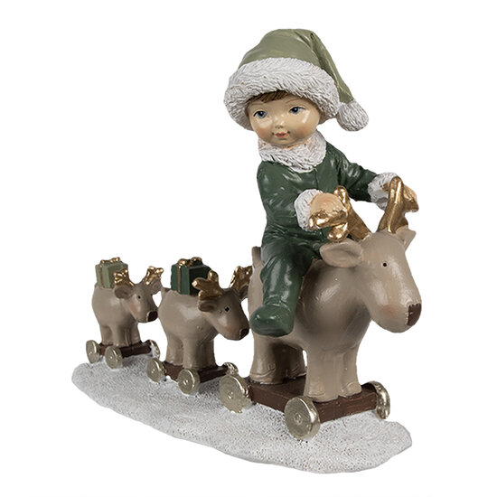 Clayre & Eef | Kerstdecoratie kind op hert Beige groen 17x8x14 cm | 6PR4188