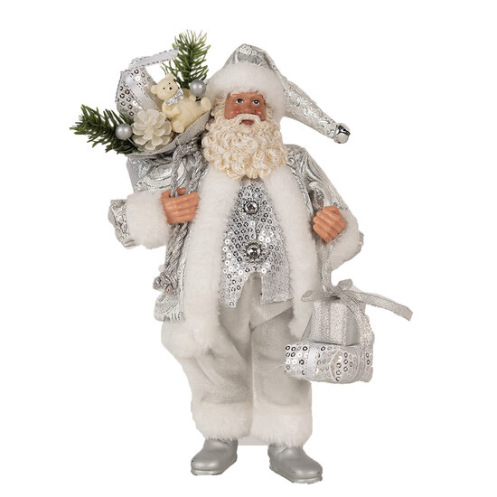 Clayre & Eef | Kerstdecoratie Kerstman Zilverkleurig Wit 18x11x28 cm | 65587