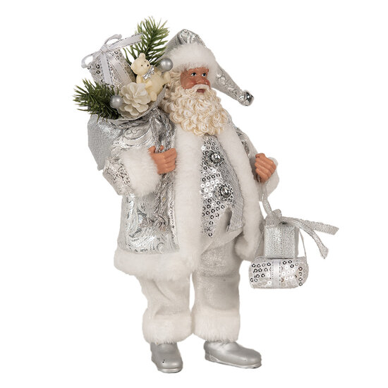 Clayre & Eef | Kerstdecoratie Kerstman Zilverkleurig Wit 18x11x28 cm | 65587