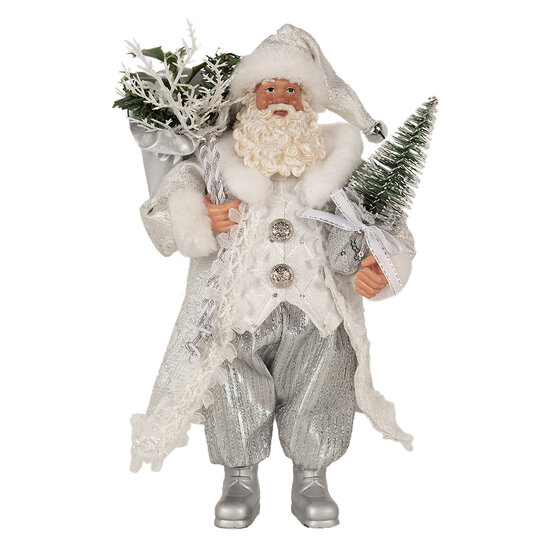 Clayre & Eef | Kerstdecoratie Kerstman Wit Zilverkleurig 16x10x27 cm | 65591