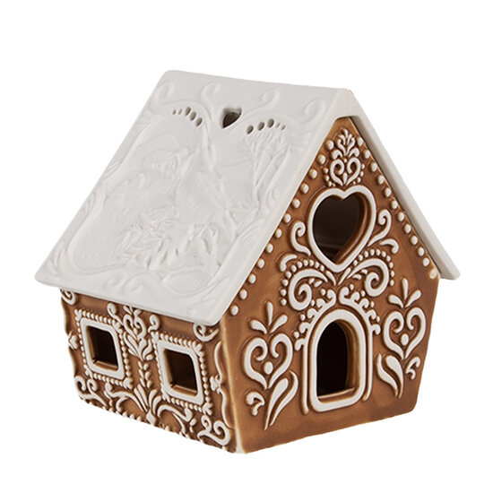 Clayre & Eef | Theelichthouder Kerst Huisje Bruin Wit 9x7x8 cm | 6CE1743