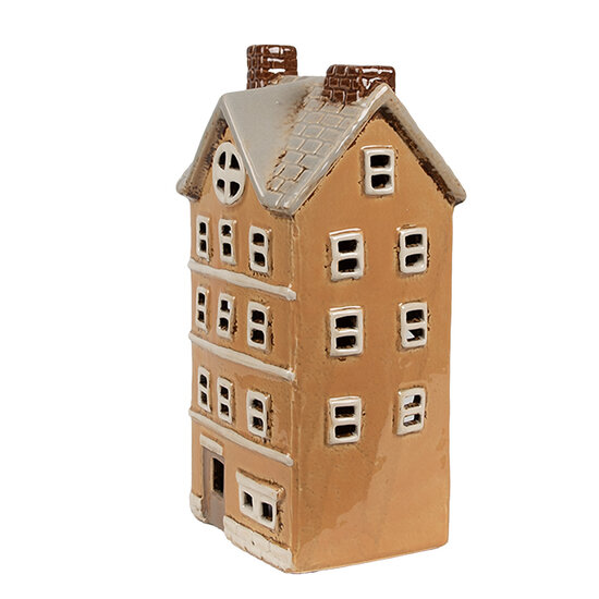 Clayre &amp; Eef   | Theelichthouder Kerst Huisje Oranje Beige 11x9x22 cm | 6CE1869
