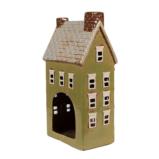 Clayre &amp; Eef   | Theelichthouder Kerst Huisje Groen Beige 14x10x26 cm | 6CE1870