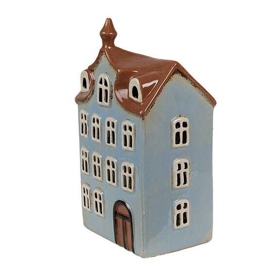 Clayre &amp; Eef   | Theelichthouder Kerst Huisje Blauw Bruin 13x9x22 cm | 6CE1882