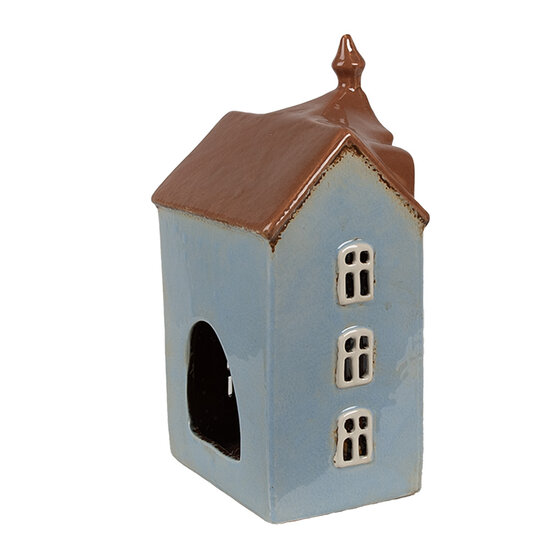 Clayre &amp; Eef   | Theelichthouder Kerst Huisje Blauw Bruin 13x9x22 cm | 6CE1882