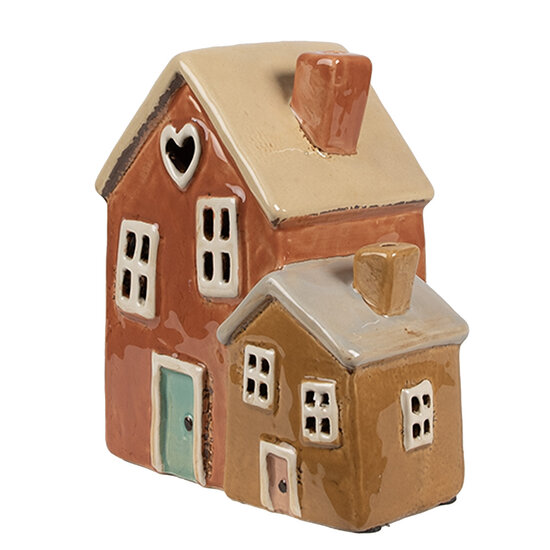 Clayre & Eef | Theelichthouder Kerst Huisje Oranje Bruin 14x9x15 cm | 6CE1897