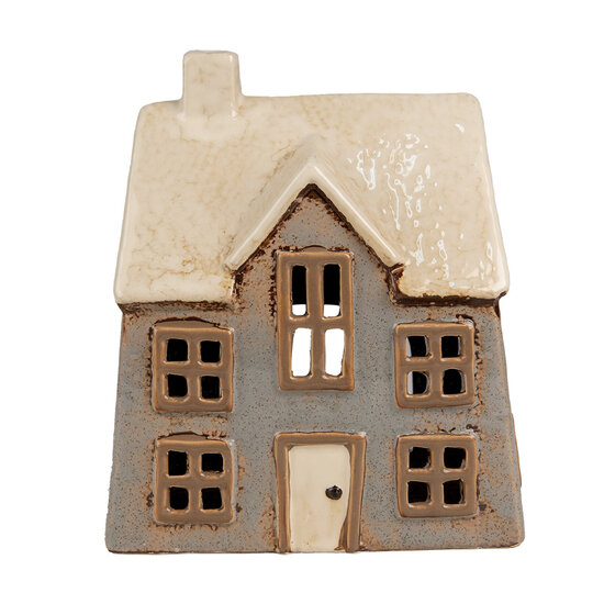 Clayre &amp; Eef   | Theelichthouder Kerst Huisje Grijs Beige 15x10x17 cm | 6CE1899