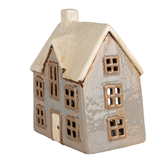 Clayre &amp; Eef   | Theelichthouder Kerst Huisje Grijs Beige 15x10x17 cm | 6CE1899