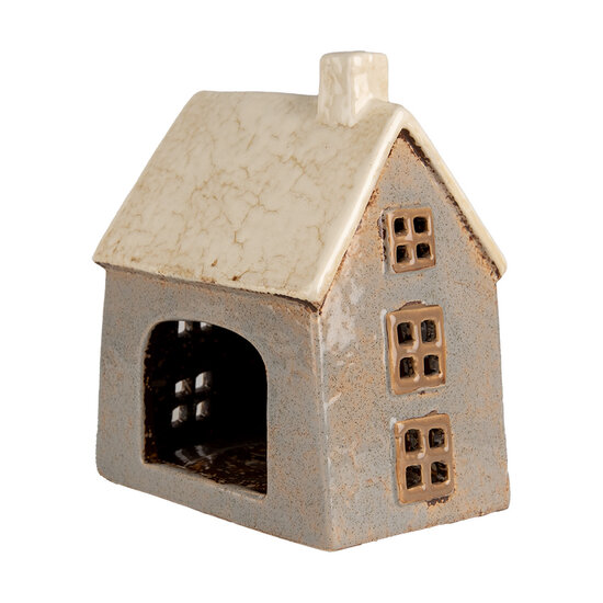 Clayre &amp; Eef   | Theelichthouder Kerst Huisje Grijs Beige 15x10x17 cm | 6CE1899