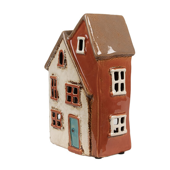 Clayre &amp; Eef   | Theelichthouder Kerst Huisje Beige Oranje 13x8x20 cm | 6CE1908