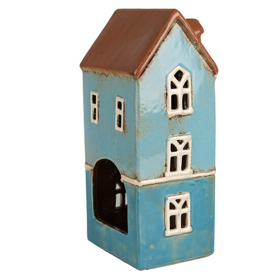 Clayre &amp; Eef   | Theelichthouder Kerst Huisje Blauw Bruin 11x9x22 cm | 6CE1915