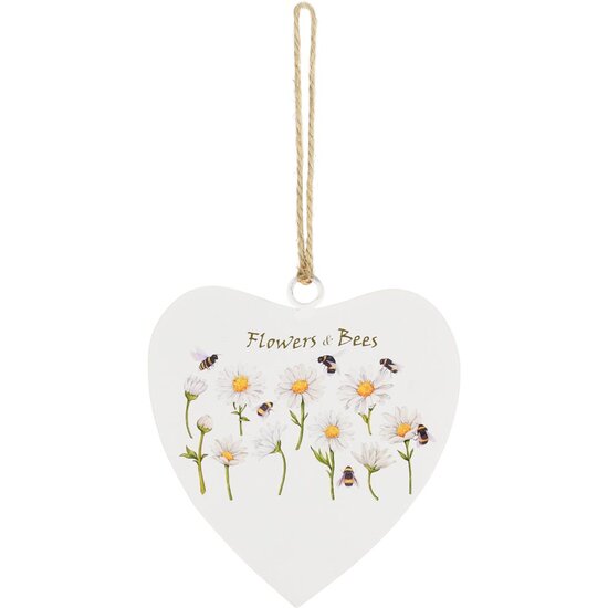 Dekoratief | Hanger hart 'Flowers &amp; Bees', wit, metaal, 11x11cm | A250037