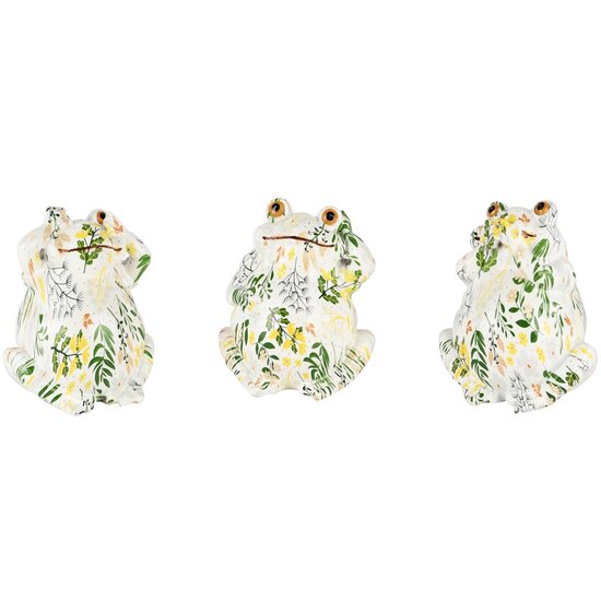 Dekoratief | Kikker horen/zien/zwijgen 'Botanique', groen/wit, resina, 9x8x11cm, set van 3 stuks | A250575