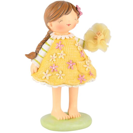 Dekoratief | Meisje staand m/bloemetjes, geel, resina, 12x9x18cm | A250805