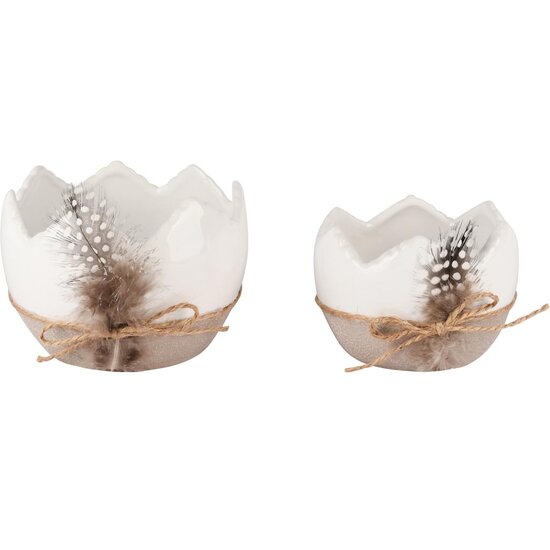 Dekoratief | Set 2 opvuleieren m/pluimpje, wit/naturel, keramiek, 13x13x9cm | A250931