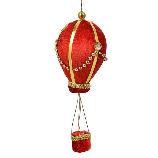 Clayre & Eef | Kerstdecoratie Hanger Luchtballon Rood Goudkleurig ø 8x20 cm | 66166
