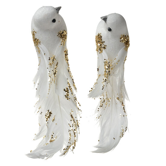 Clayre &amp; Eef   | Decoratie Vogel (Set van 2) Wit Goudkleurig 15x8x5 cm | 66145