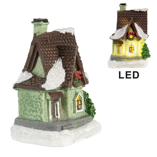 Clayre & Eef | Decoratie Huisje met LED Groen Bruin 5x5x8 cm | 6PR5740