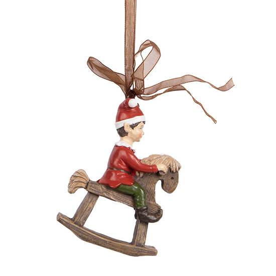 Clayre &amp; Eef   | Decoratie Hanger Kind op hobbelpaard Rood Bruin 7x3x9 cm | 6PR5391