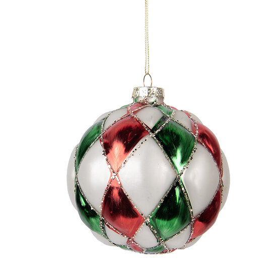 Clayre & Eef | Kerstbal Wit Rood ø 10x10 cm | 6GL5186