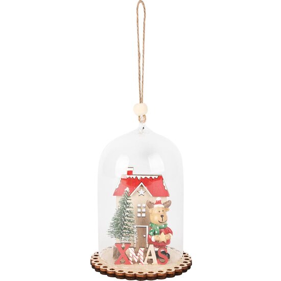Dekoratief | Hanger globe m/rendier, rood/naturel, hout/glas, 8x8x11cm | A255381