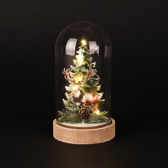 Dekoratief | Globe m/hert, groen/naturel, hout/glas, LED, 8x8x17cm | A255382