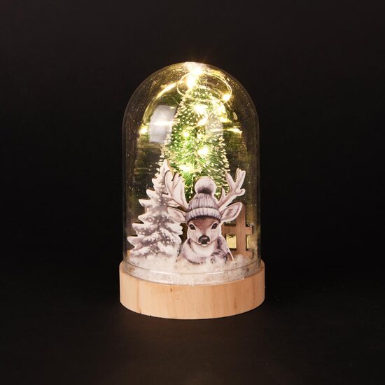 Dekoratief | Globe &#039;Winter Deer&#039;, naturel, glas/hout, LED, 9x9x14cm | A255486