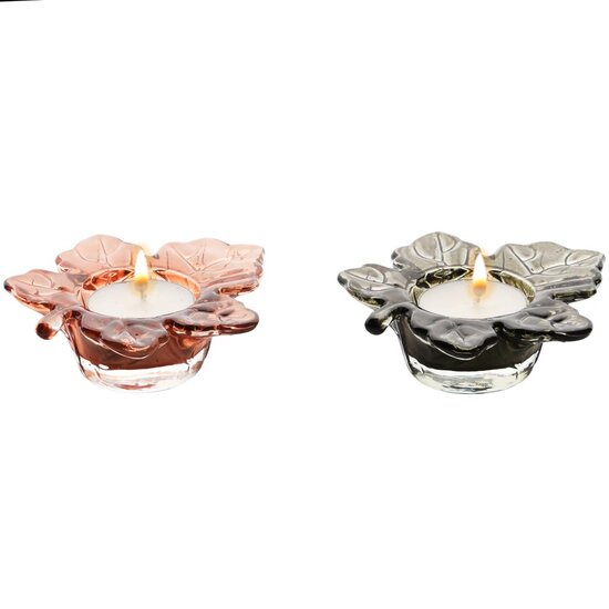Dekoratief | Theelichthouder &#039;Maple Leaf&#039;, bruin/roze, glas, 10x9x3cm, set van 2 stuks | A255994