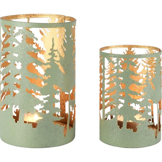 Dekoratief | Set 2 Waxinelichthouders &#039;Pine Forest&#039;, groen/goud, metaal, 13x13x20cm | A258041