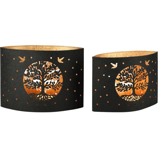 Dekoratief | Set 2 windlichten &#039;Tree of Life&#039;, zwart/goud, metaal, 25x12x18cm | A258042