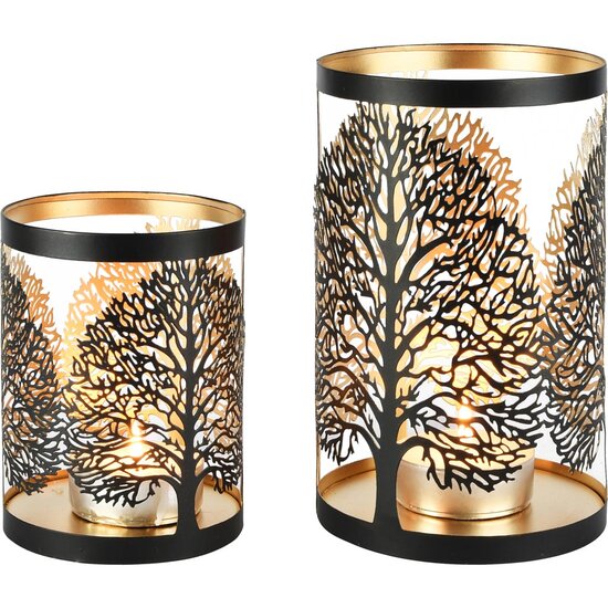 Dekoratief | Set 2 Waxinelichthouders &#039;Massive Tree&#039;, zwart/goud, metaal, 12x12x20cm | A258091