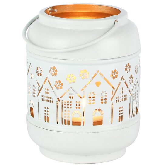 Dekoratief | Windlicht m/handvat &#039;Festive Village&#039;, wit/goud, metaal, 9x9x12cm | A258098