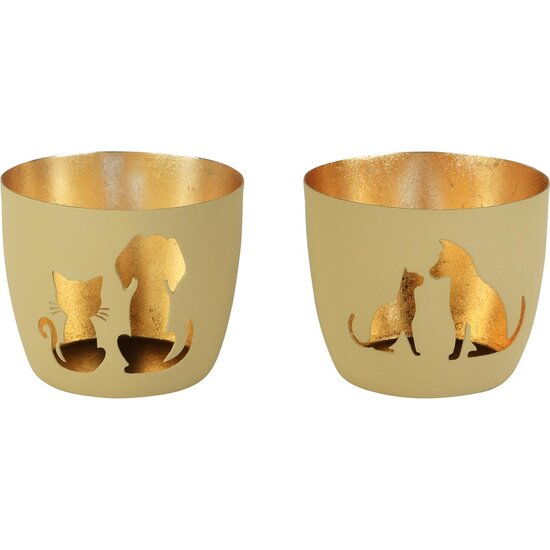 Dekoratief | Theelichthouder &#039;Pet Friends&#039;, groen/goud, metaal, 10x10x9cm, 2ass | A258146