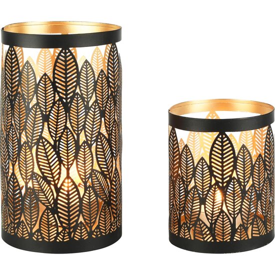 Dekoratief | Set 2 Waxinelichthouders &#039;Stacked Leafs&#039;, zwart/goud, metaal, 12x12x21cm | A258163