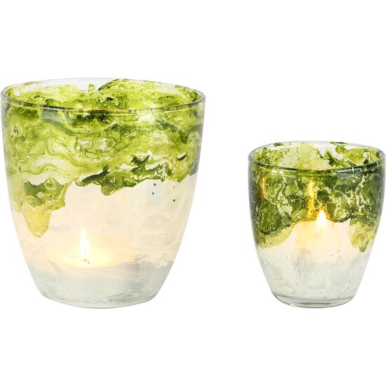 Dekoratief | Set 2 theelichthouders &#039;Green Waze&#039;, groen/wit, glas, 9x9x9cm | A258176