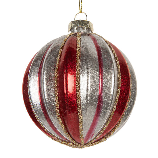 Clayre & Eef | Kerstbal Rood Zilerkleurig ø 8x8 cm | 6GL5325