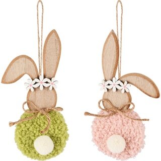 Dekoratief | Hanger bunny, naturel/roze/groen, hout, 14x7x1cm, set van 2 stuks | A250483