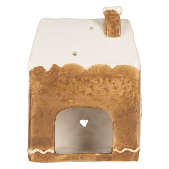 Clayre & Eef | Theelichthouder Kerst Huisje Bruin Wit 12x7x16 cm | 6CE2323