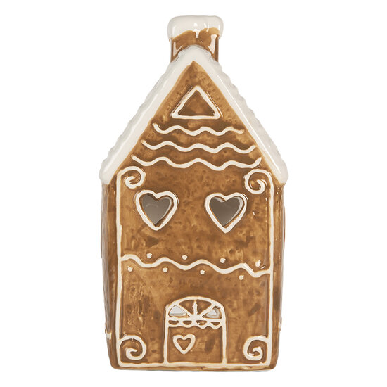 Clayre & Eef | Theelichthouder Kerst Huisje Bruin Wit 11x9x21 cm | 6CE2324