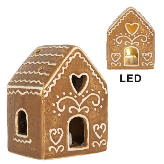 Clayre & Eef | Decoratie Huisje met LED Bruin Wit 8x6x10 cm | 6CE2330