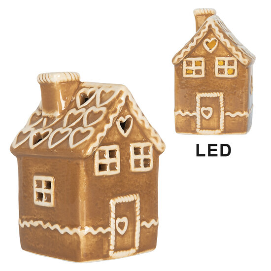 Clayre & Eef | Decoratie Huisje met LED Bruin Wit 7x7x11 cm | 6CE2331