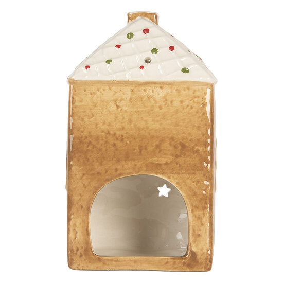 Clayre & Eef | Theelichthouder Kerst Huisje Bruin Wit 9x7x16 cm | 6CE2334