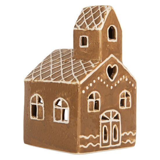 Clayre & Eef | Theelichthouder Kerst Huisje Bruin Wit 10x10x16 cm | 6CE2335