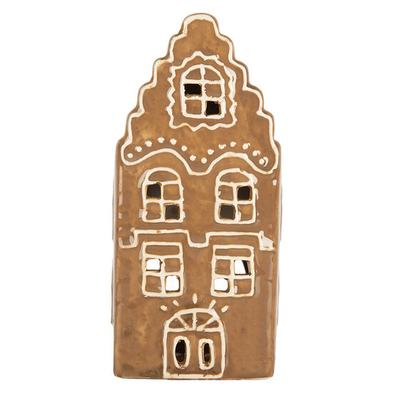 Clayre & Eef | Theelichthouder Kerst Huisje Bruin Wit 8x7x16 cm | 6CE2341
