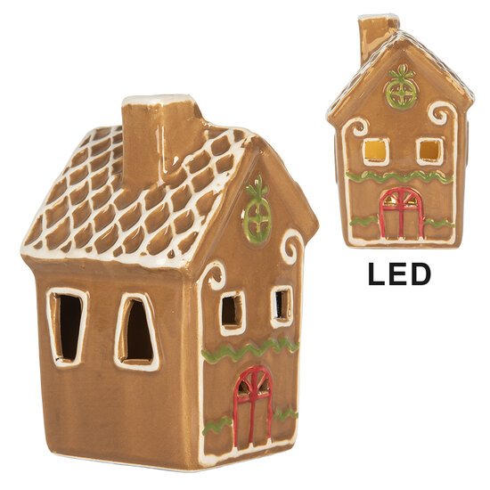 Clayre &amp; Eef   | Decoratie Huisje met LED Bruin Wit 8x8x12 cm | 6CE2349