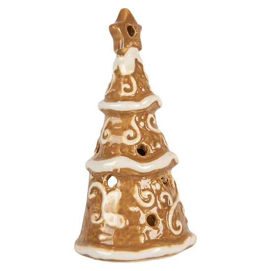 Clayre & Eef | Theelichthouder Kerstboom Bruin Wit ø 8x15 cm | 6CE2361