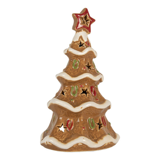 Clayre & Eef | Theelichthouder Kerstboom Bruin Wit 11x8x17 cm | 6CE2362