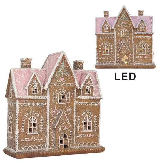 Clayre & Eef | Decoratie Huis met LED Bruin Roze 21x8x20 cm | 6PR5857